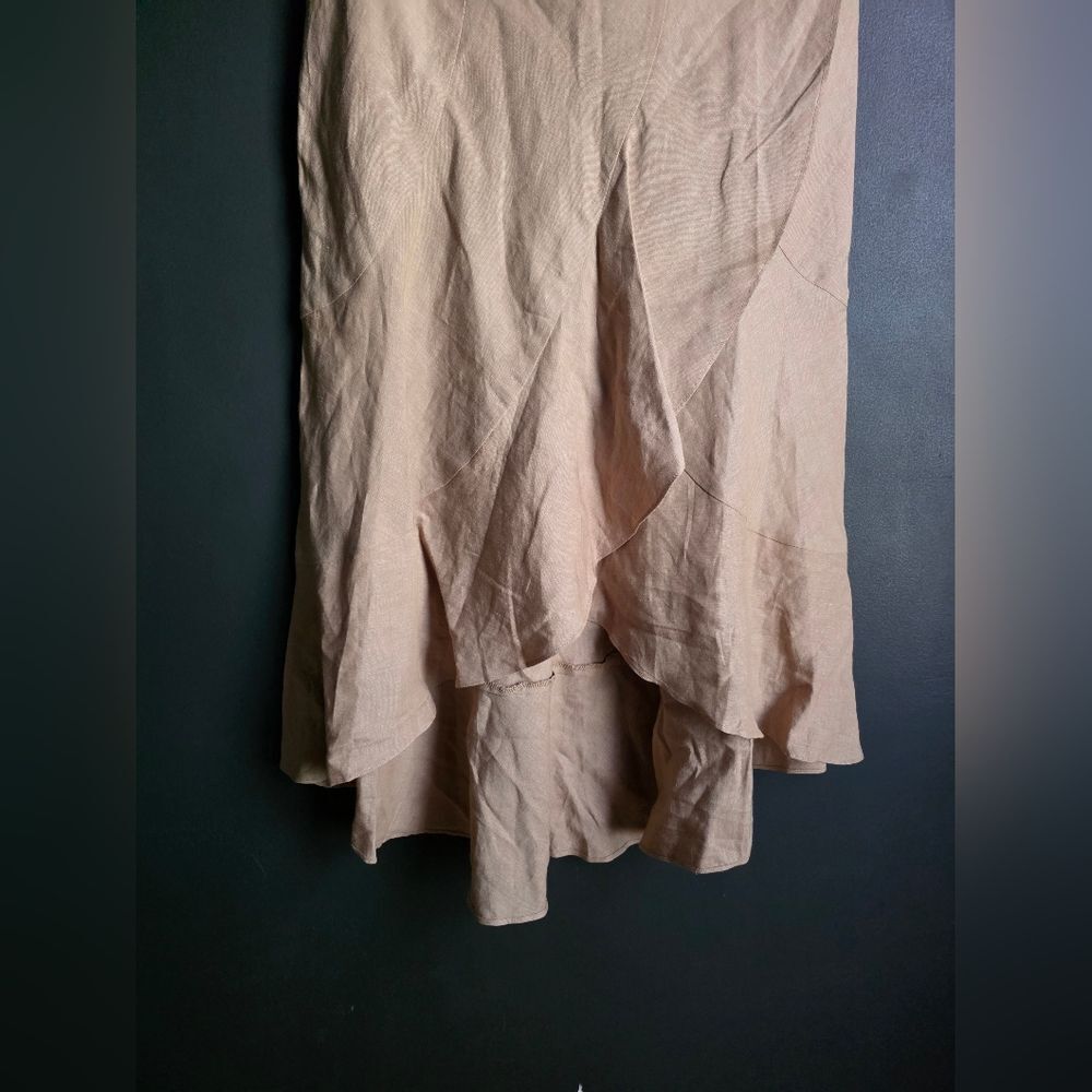 Bandolino Y2K Tan Linen Blend Asymmetrical Tiered Ruffle Midi Skirt Sz 6 - Picture 5 of 8